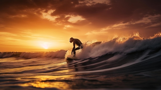 Un uomo che cavalca un'onda in cima a un'immagine ai generatrice di una tavola da surf