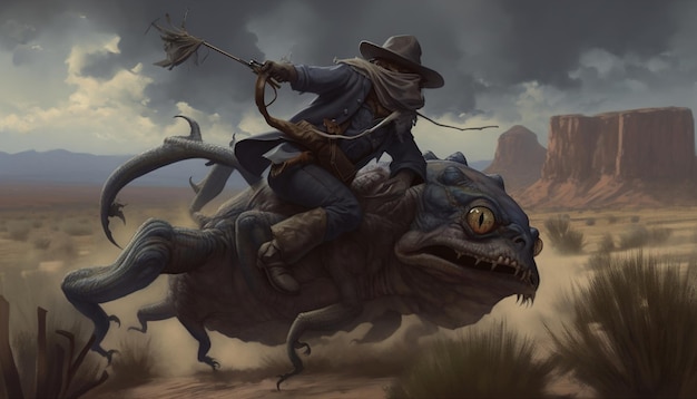 Un uomo che cavalca una creatura drago nel deserto
