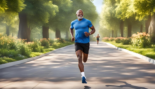 un uomo che corre in un parco con una barba grigia