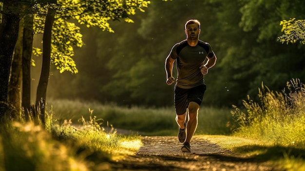 Un uomo che corre nella foresta con il sole che gli splende sulla maglietta.