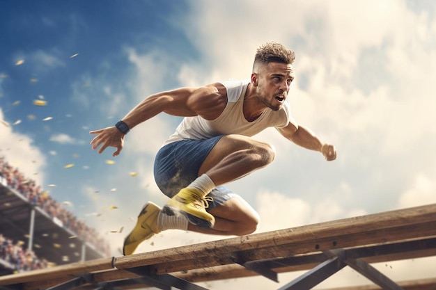 un uomo che corre su un ponte con un cielo blu sullo sfondo