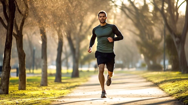 Un uomo che corre su un sentiero in un parco