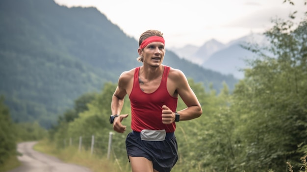 Un uomo che corre su una strada di montagna