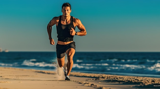 Un uomo che corre sulla spiaggia con l'oceano sullo sfondo