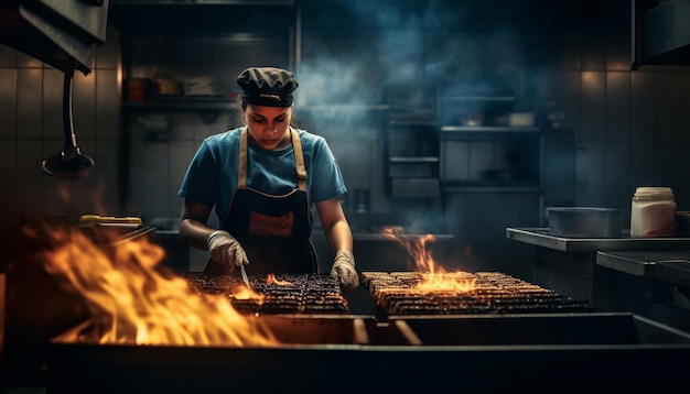 Un uomo che cucina con il fuoco in un'officina generata dall'intelligenza artificiale