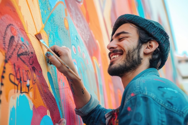 un uomo che dipinge un murale con uno sfondo colorato