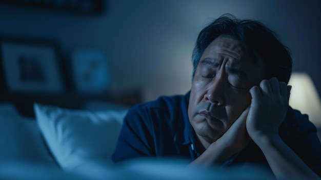 un uomo che dorme in una stanza buia con una camicia blu sulla testa