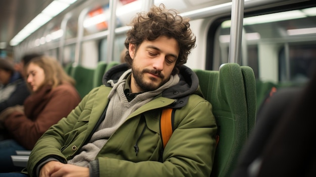 un uomo che dorme su un treno