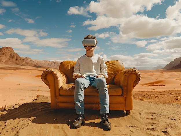 Un uomo che esplora un paesaggio virtuale surreale del deserto attraverso la tecnologia immersiva VR