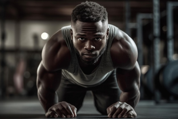 Un uomo che fa flessioni in palestra.