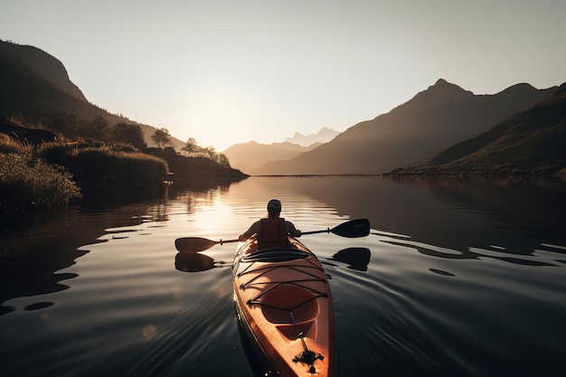 Un uomo che fa kayak su un lago calmo circondato dalla natura e dal tramonto serale Generativo ai