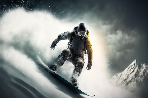 Un uomo che fa snowboard su una montagna con un cielo nuvoloso dietro di lui.