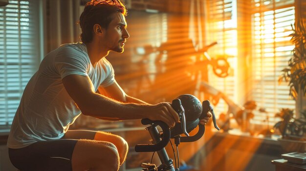 Un uomo che fa sport per la salute a casa guida una bicicletta da ginnastica