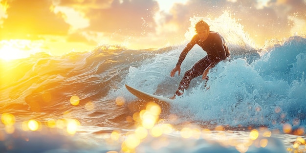 Un uomo che fa surf con competenza in una giornata d'estate soleggiata la sua abilità atletica in piena mostra mentre conquista le onde con finezza