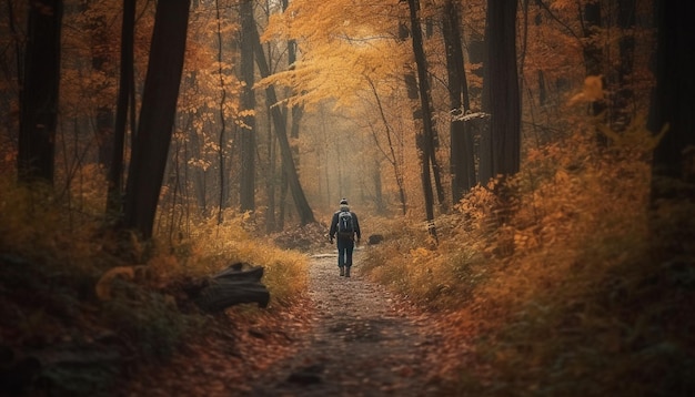 Un uomo che fa un'escursione attraverso una tranquilla foresta autunnale generata dall'intelligenza artificiale