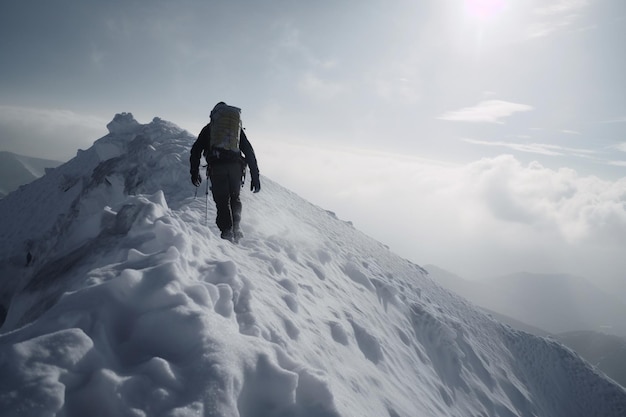 Un uomo che fa un'escursione su una montagna innevata con sopra uno zaino.