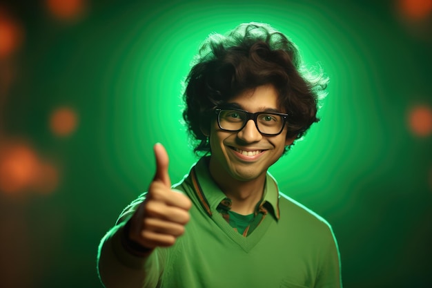 Un uomo che fa un gesto del pollice in su in una stanza verde brillante