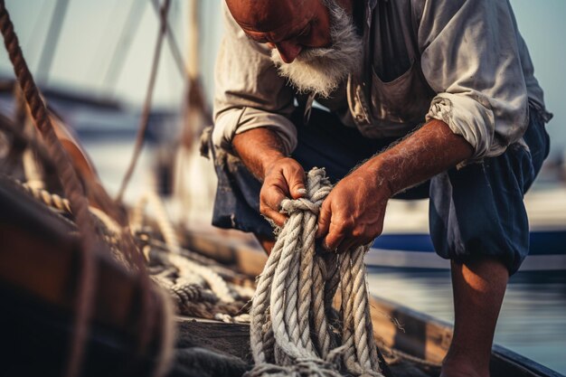 Un uomo che fissa una corda su una barca