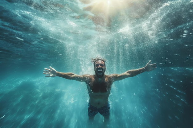 Un uomo che galleggia nell'acqua con le braccia tese