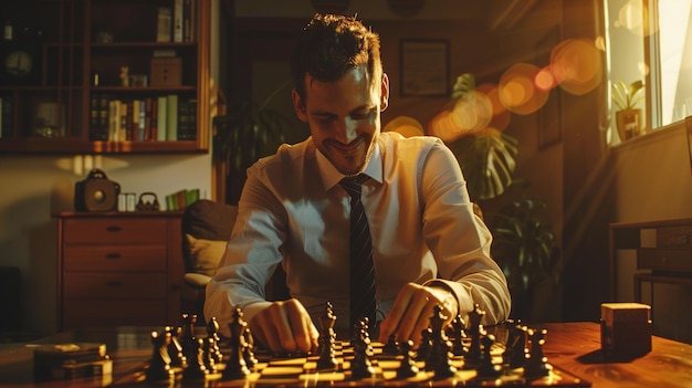 un uomo che gioca a scacchi in una stanza buia con un grande gioco di scacchi impostato