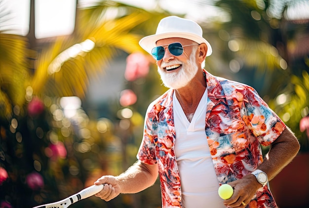 Un uomo che gioca a tennis con la barba bianca e gli occhiali da sole