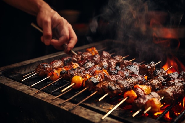 un uomo che griglia la carne su una griglia con fumo che esce dalla parte superiore.