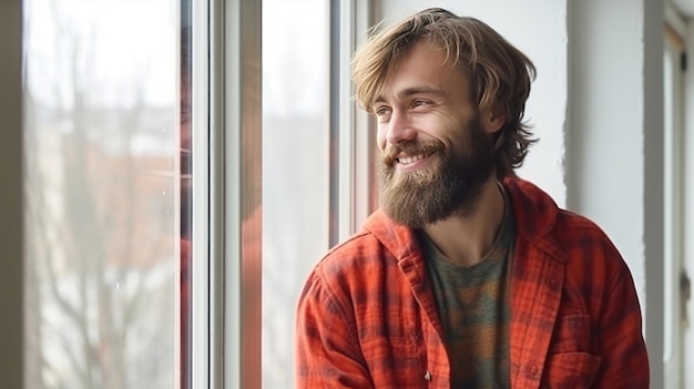 Un uomo che guarda fuori da una finestra con la barba sul viso