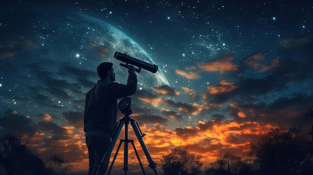 un uomo che guarda il cielo con un telescopio nello stile dei cieli atmosferici