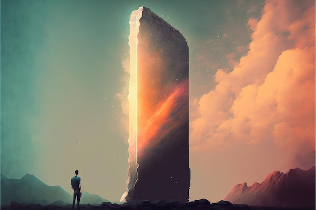 Un uomo che guarda il monolite che galleggia nel cielo in stile arte digitale illustrazione pittura