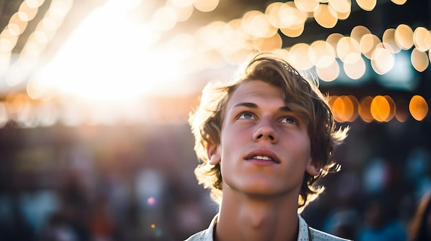 Un uomo che guarda il sole in mezzo alla folla