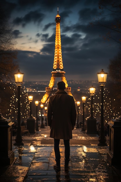 Un uomo che guarda la Torre Eiffel di notte