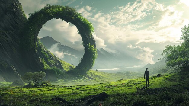Un uomo che guarda un anello di grandi dimensioni in mezzo a un campo verdeggiante realizzato in stile d'arte digitale