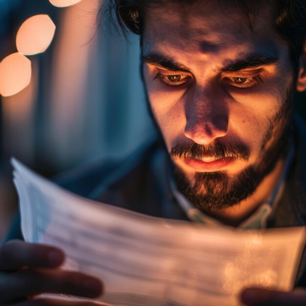 un uomo che guarda un giornale con una luce accesa dietro di lui