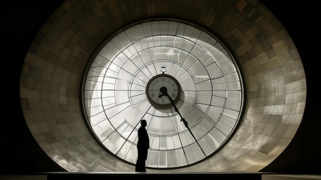 Un uomo che guarda un orologio in una cupola di una torre dell'orologio