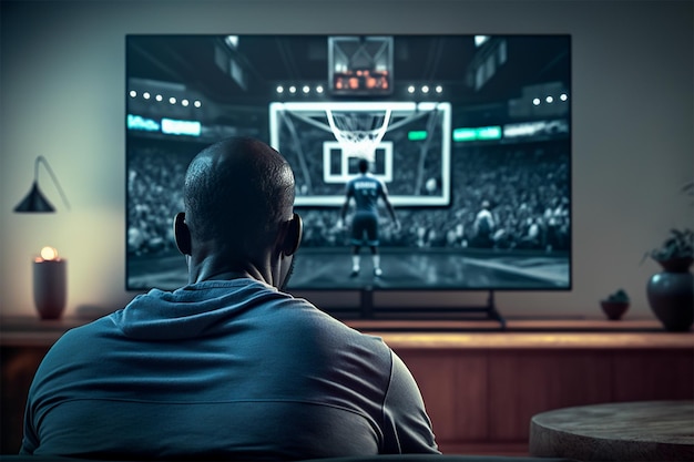 Un uomo che guarda una partita di basket su uno schermo televisivo