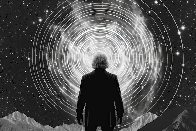 Un uomo che guarda una spirale di stelle