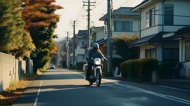Un uomo che guida sulla parte posteriore di una motocicletta lungo una strada AI generativa