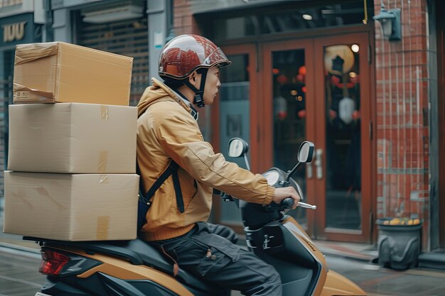 Un uomo che guida una moto con una scatola sul retro
