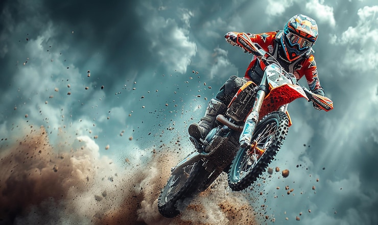 Foto un uomo che guida una moto in aria con uno sfondo nuvoloso
