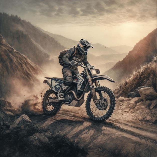 Un uomo che guida una moto sterrata su una strada di montagna.