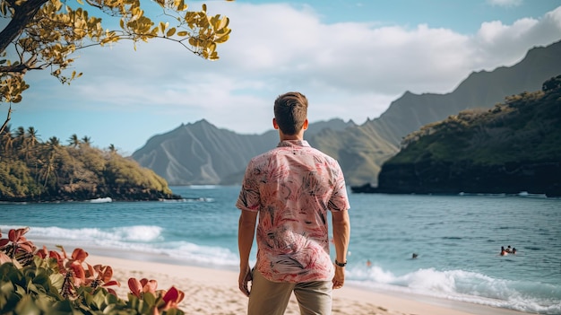 un uomo che indossa abiti casuali in piedi a guardare la spiaggia