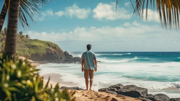 un uomo che indossa abiti casuali in piedi a guardare la spiaggia