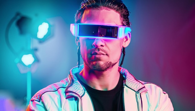 Un uomo che indossa occhiali al neon con sopra la parola vr.