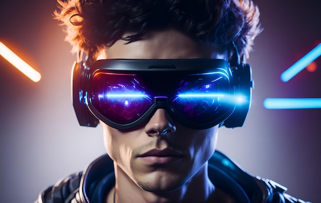 Un uomo che indossa occhiali con il concetto di metaverso futuristico cyberpunk