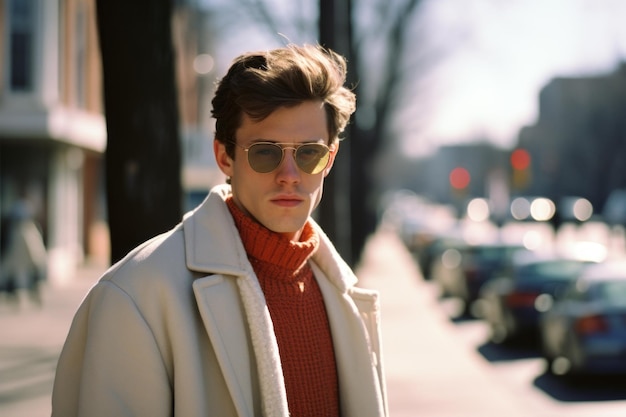 un uomo che indossa occhiali da sole e un cappotto in una strada cittadina