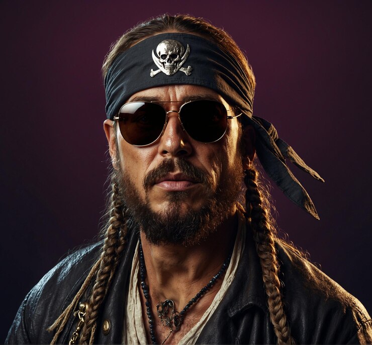 un uomo che indossa occhiali da sole e una bandana con un cranio e ossa incrociate