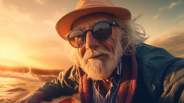 Un uomo che indossa occhiali da sole si siede su una barca al tramonto.