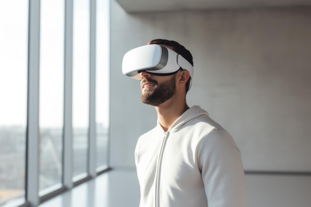 Un uomo che indossa occhiali di realtà virtuale AI generativa