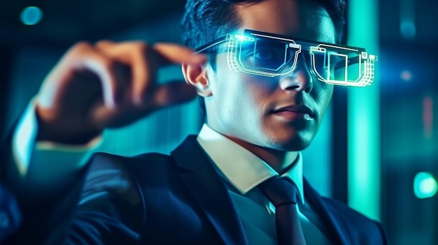 Un uomo che indossa occhiali intelligenti ad alta tecnologia cerca l'icona di una catena di blocchi e un sistema informatico distribuito con la mano di un uomo d'affari che afferra l'icona utilizzando l'IA generativa