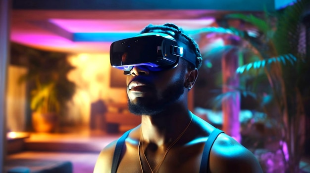 Un uomo che indossa occhiali per la realtà virtuale si trova in una stanza illuminata al neon.